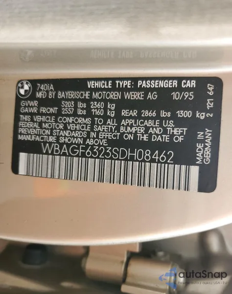 1995 BMW 740 I Automatic from USA, damaged, VIN WBAGF6323SDH08462